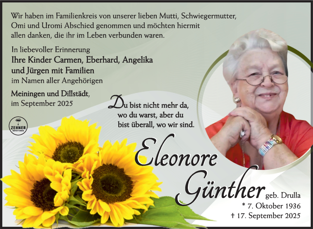  Traueranzeige für Eleonore Günther vom 04.10.2025 aus Südthüringer Presse