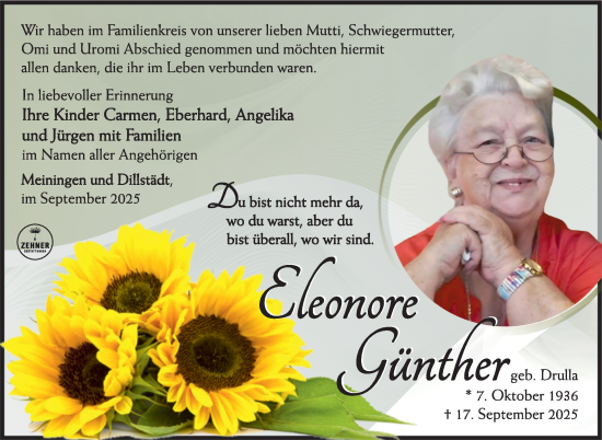 Traueranzeige von Eleonore Günther von Südthüringer Presse