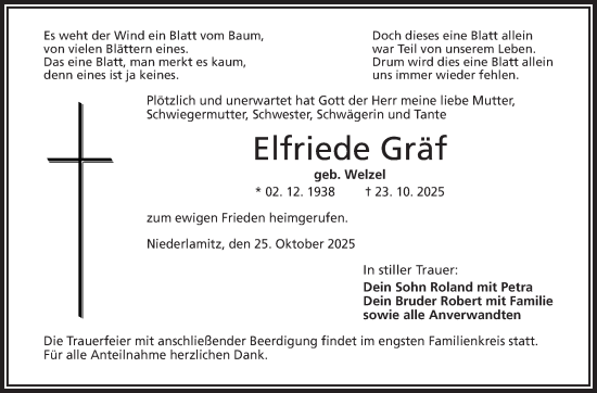 Traueranzeige von Elfriede Gräf von Frankenpost