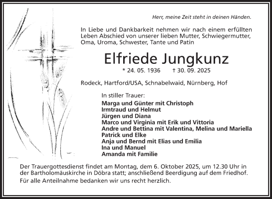 Traueranzeige von Elfriede Jungkunz von Frankenpost