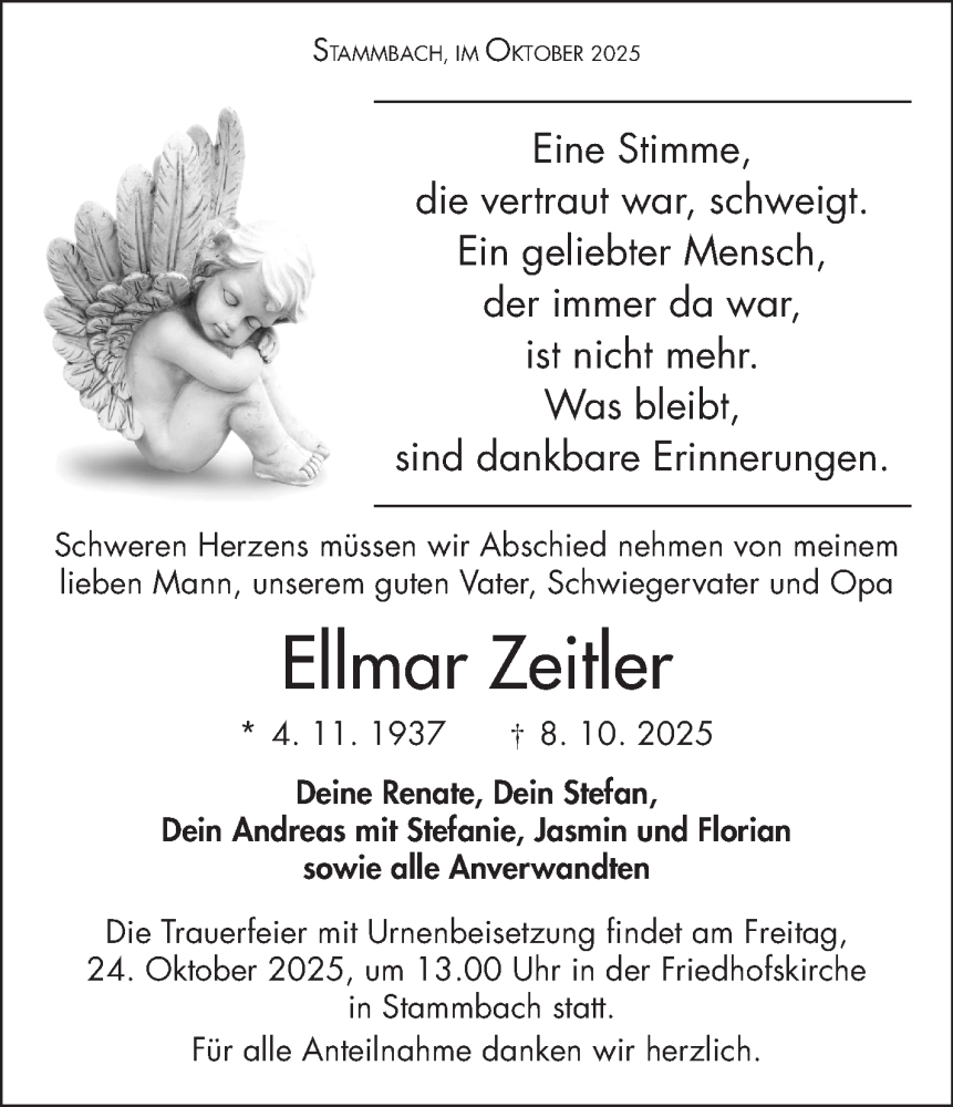  Traueranzeige für Ellmar Zeitler vom 18.10.2025 aus Frankenpost