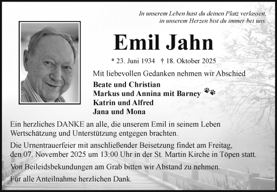 Traueranzeige von Emil Jahn von Frankenpost