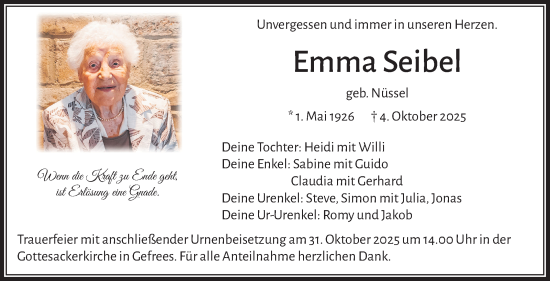 Traueranzeige von Emma Seibel von Frankenpost
