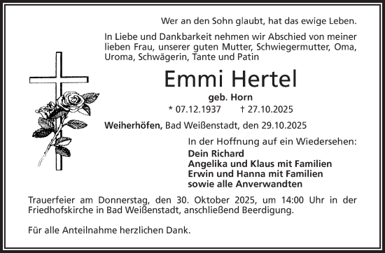 Traueranzeige von Emmi Hertel von Frankenpost