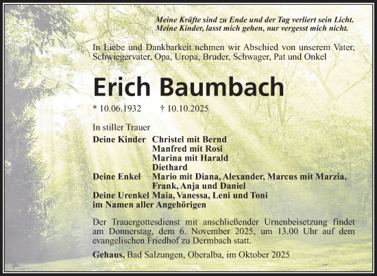 Traueranzeige von Erich Baumbach von Südthüringer Presse