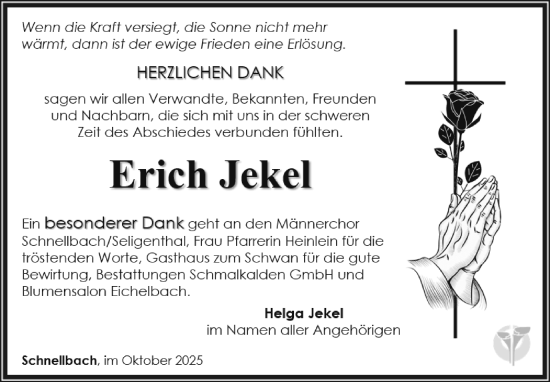 Traueranzeige von Erich Jekel von Südthüringer Presse