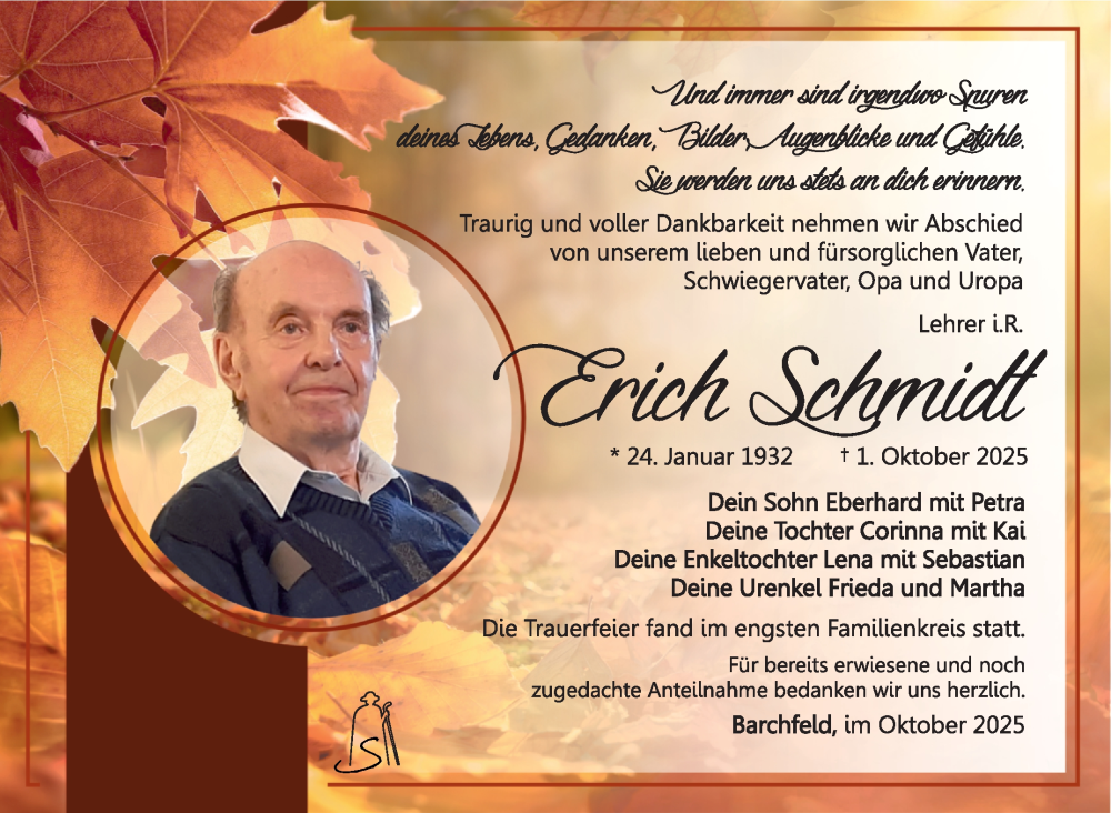  Traueranzeige für Erich Schmidt vom 24.10.2025 aus Südthüringer Presse