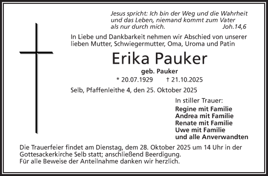 Traueranzeige von Erika Pauker von Frankenpost