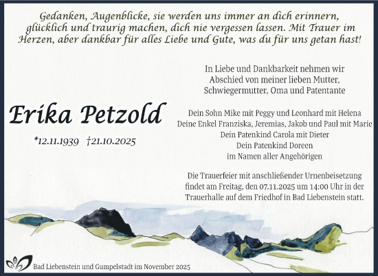 Traueranzeige von Erika Petzold von Südthüringer Presse