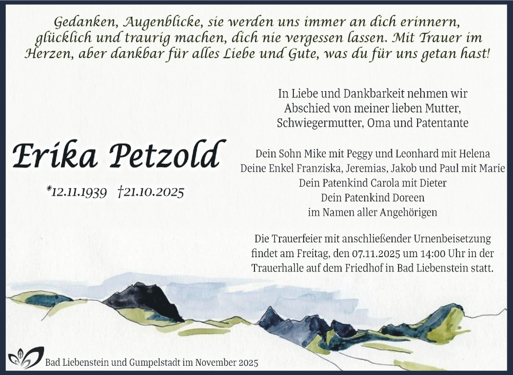  Traueranzeige für Erika Petzold vom 01.11.2025 aus Südthüringer Presse