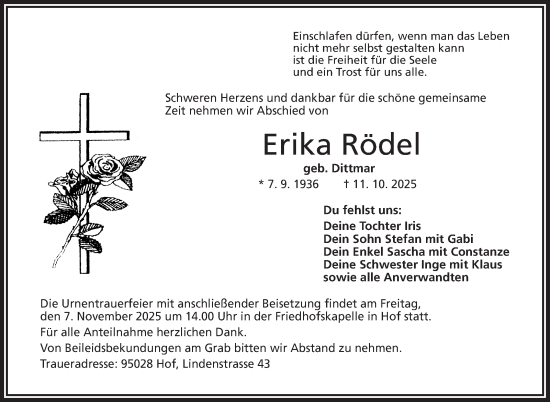 Traueranzeige von Erika Rödel von Frankenpost