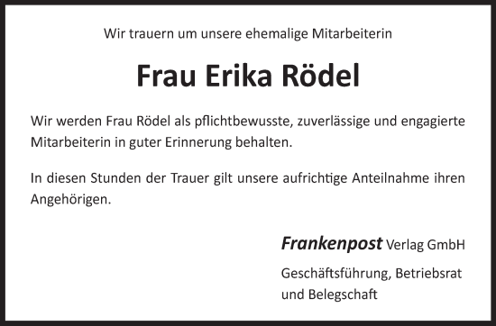 Traueranzeige von Erika Rödel von Frankenpost