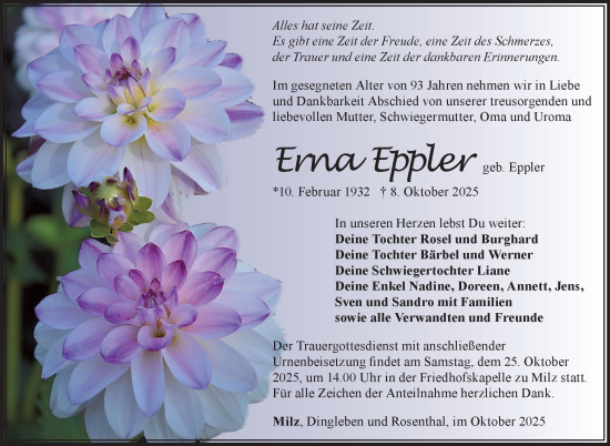 Traueranzeige von Erna Eppler von Südthüringer Presse