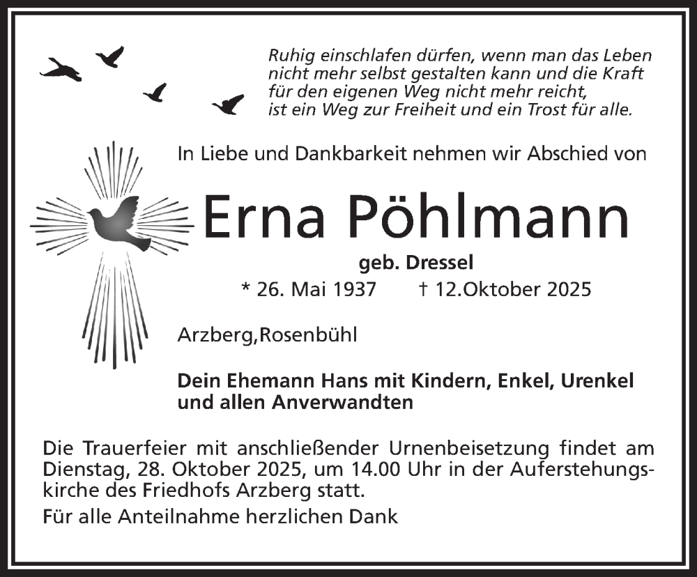  Traueranzeige für Erna Pöhlmann vom 18.10.2025 aus Frankenpost