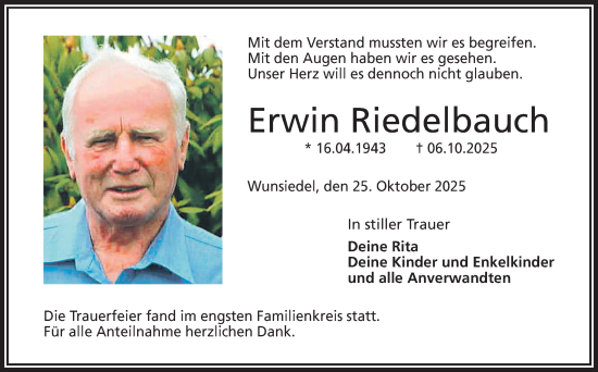Traueranzeige von Erwin Riedelbauch von Frankenpost
