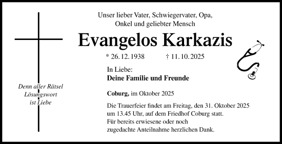 Traueranzeige von Evangelos Karkazis von Neue Presse Coburg