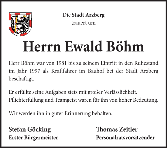 Traueranzeige von Ewald Böhm von Frankenpost