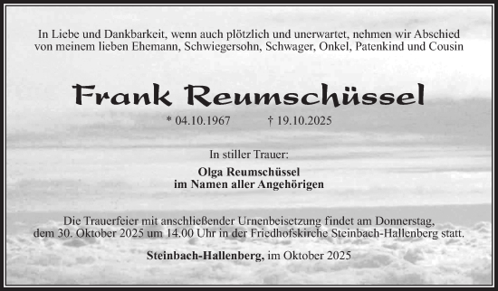Traueranzeige von Frank Reumschüssel von Südthüringer Presse