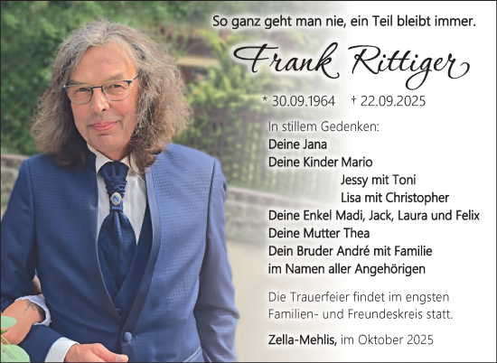 Traueranzeige von Frank Rittiger von Südthüringer Presse