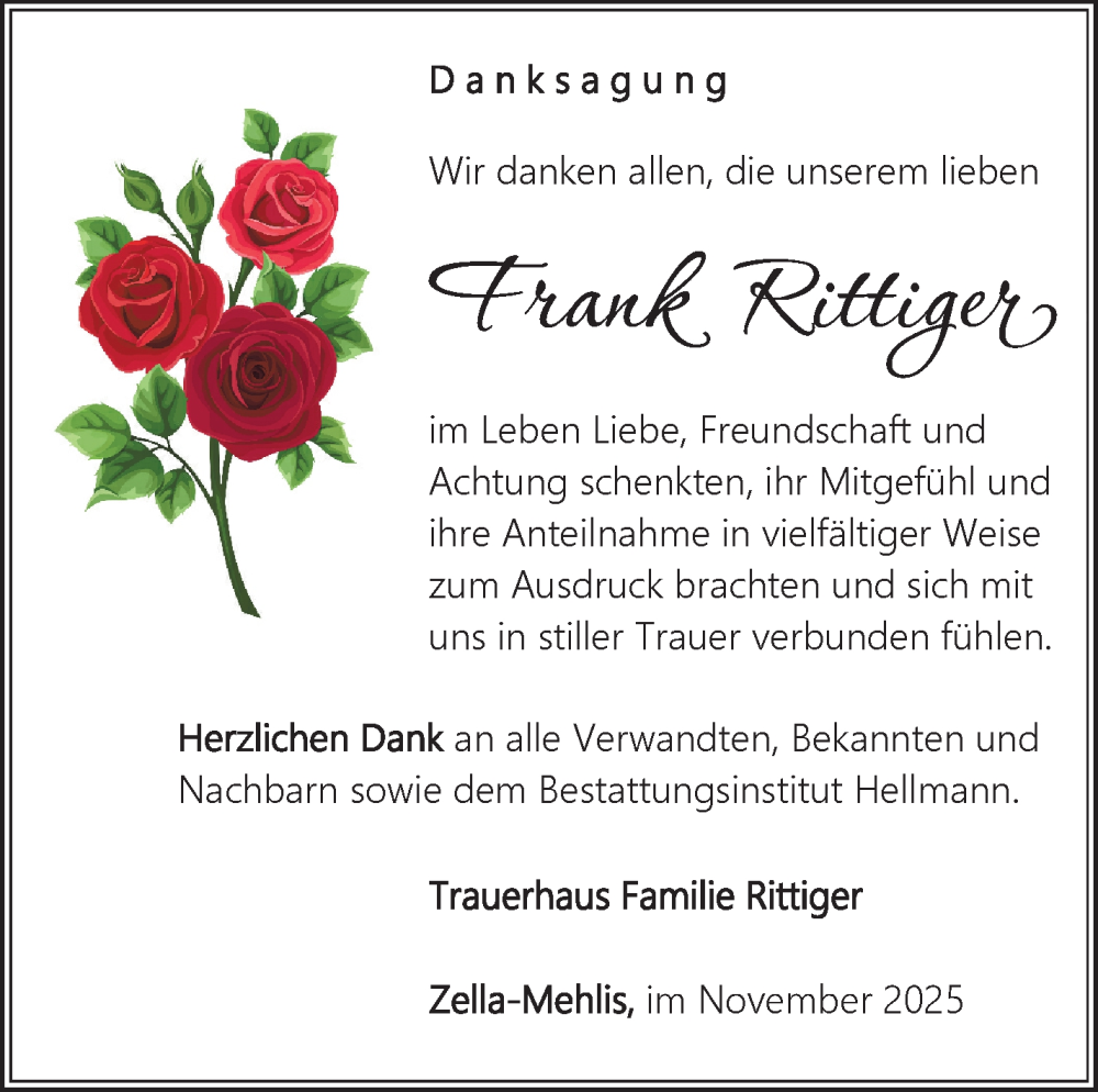  Traueranzeige für Frank Rittiger vom 01.11.2025 aus Südthüringer Presse