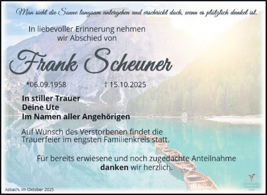 Traueranzeige von Frank Scheuner von Südthüringer Presse