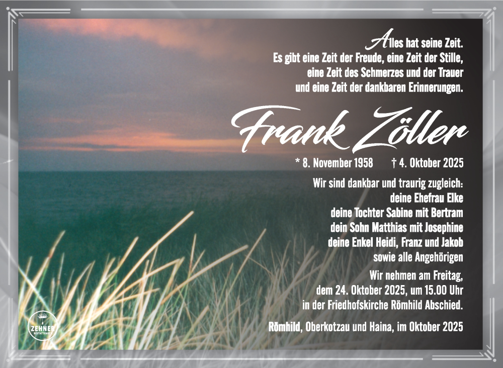  Traueranzeige für Frank Zöller vom 11.10.2025 aus Südthüringer Presse