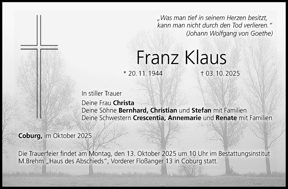  Traueranzeige für Franz Klaus vom 11.10.2025 aus Neue Presse Coburg