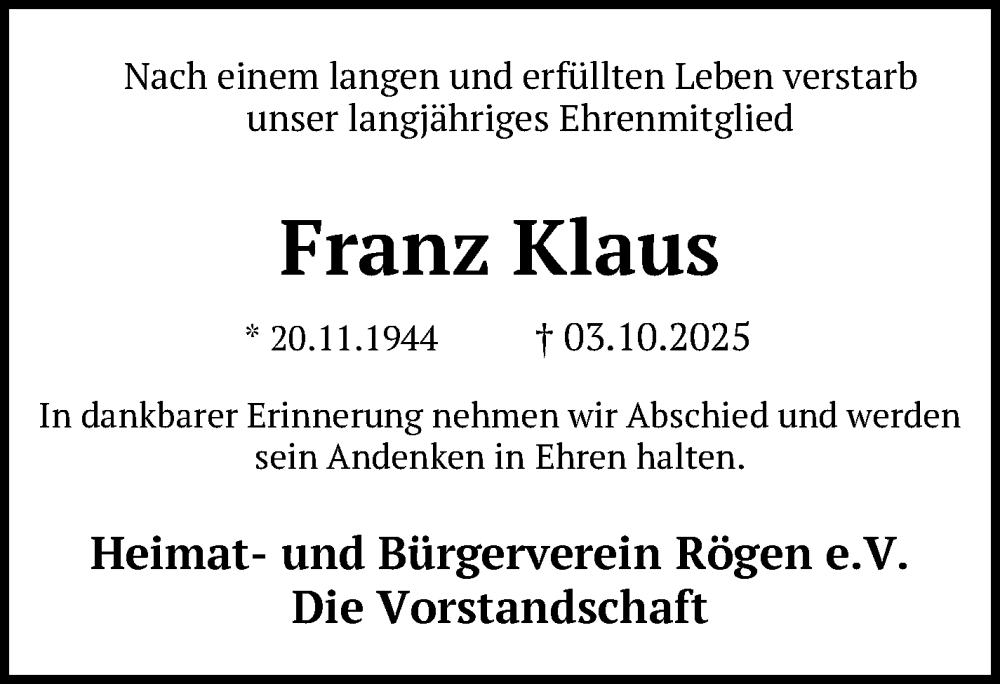  Traueranzeige für Franz Klaus vom 25.10.2025 aus Neue Presse Coburg