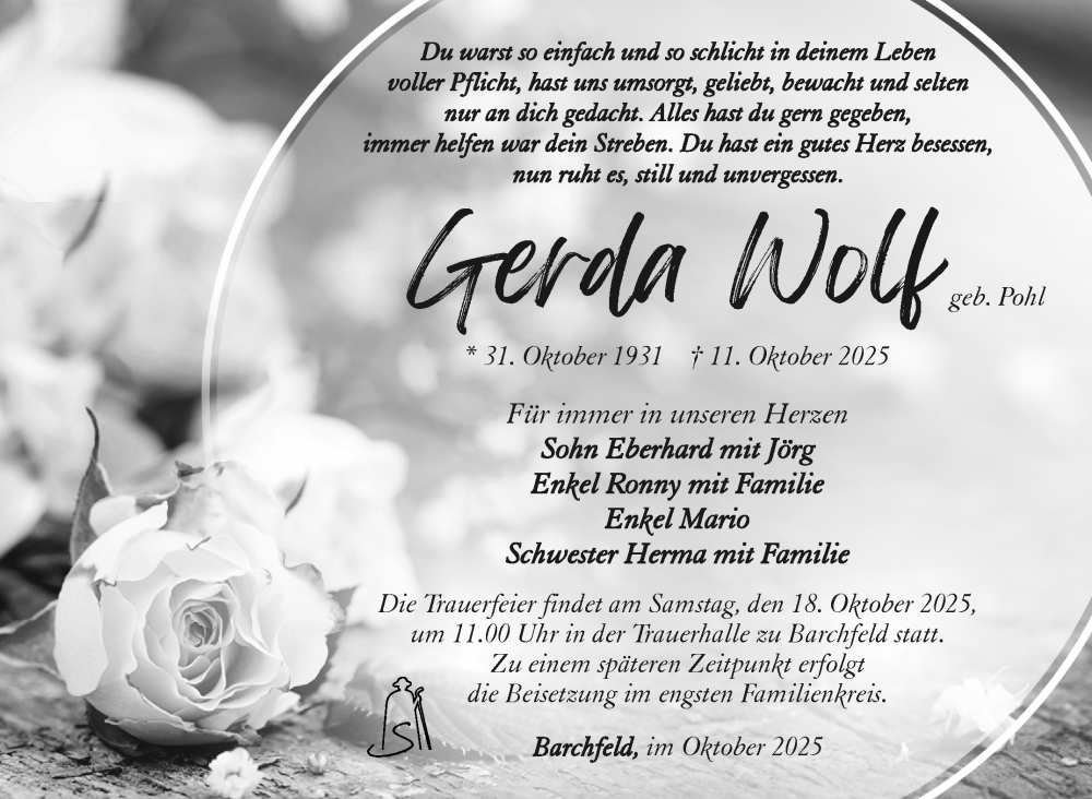  Traueranzeige für Gerda Wolf vom 16.10.2025 aus Südthüringer Presse