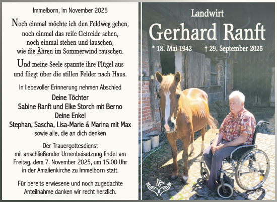 Traueranzeige von Gerhard Ranft von Südthüringer Presse