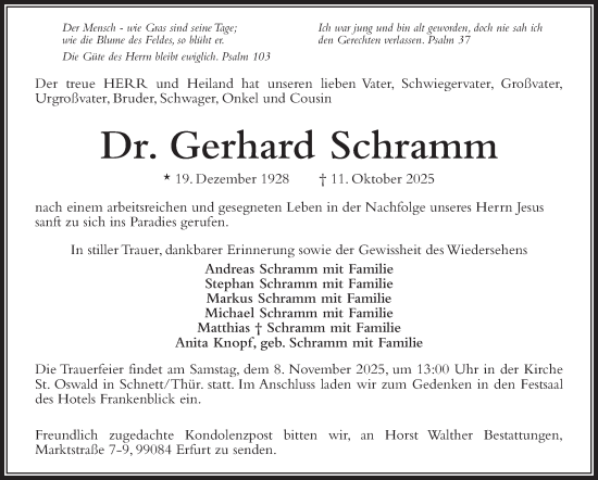 Traueranzeige von Gerhard Schramm von Südthüringer Presse