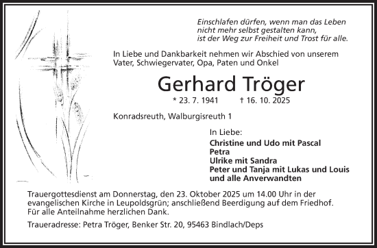 Traueranzeige von Gerhard Tröger von Frankenpost