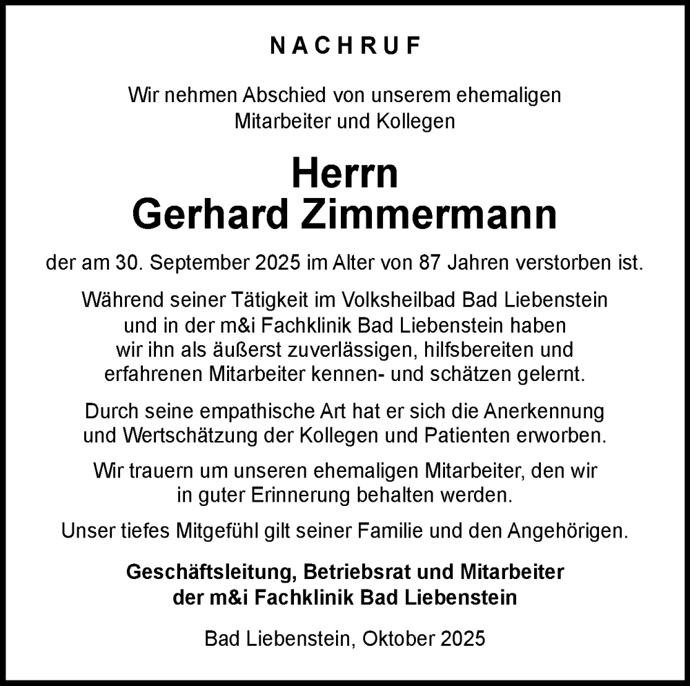  Traueranzeige für Gerhard Zimmermann vom 01.11.2025 aus Südthüringer Presse