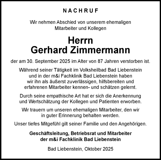 Traueranzeige von Gerhard Zimmermann von Südthüringer Presse