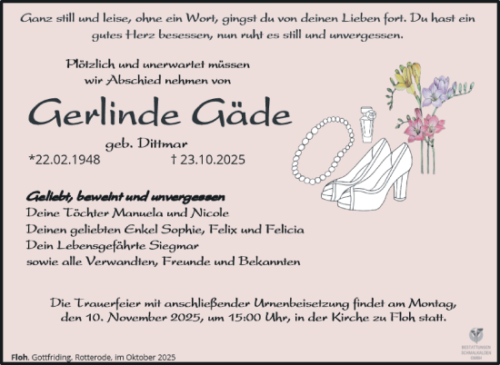 Traueranzeige von Gerlinde Gäde von Südthüringer Presse