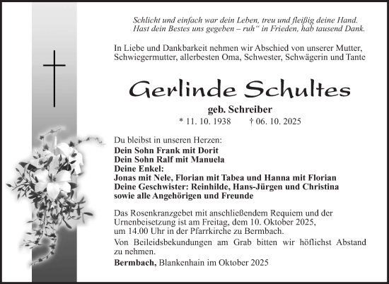 Traueranzeige von Gerlinde Schultes von Südthüringer Presse