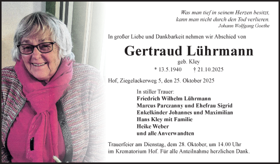 Traueranzeige von Gertraud Lührmann von Frankenpost