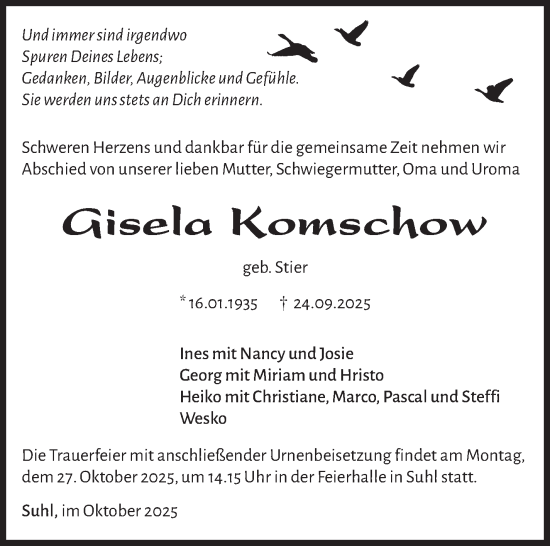 Traueranzeige von Gisela Komschow von Südthüringer Presse