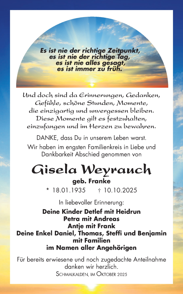  Traueranzeige für Gisela Weyrauch vom 29.10.2025 aus Südthüringer Presse