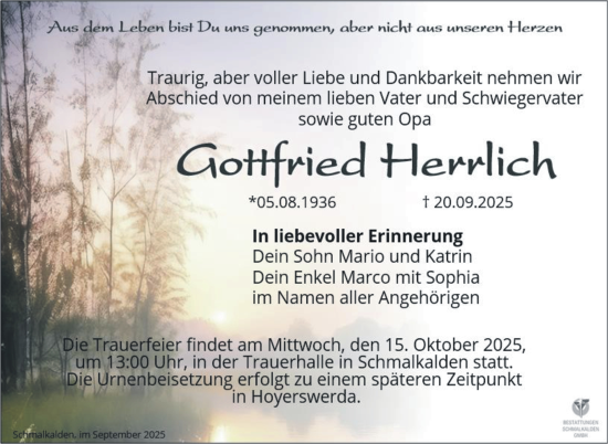 Traueranzeige von Gottfried Herrlich von Südthüringer Presse