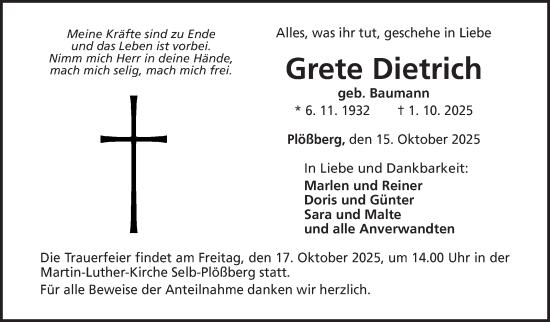 Traueranzeige von Grete Dietrich von Frankenpost
