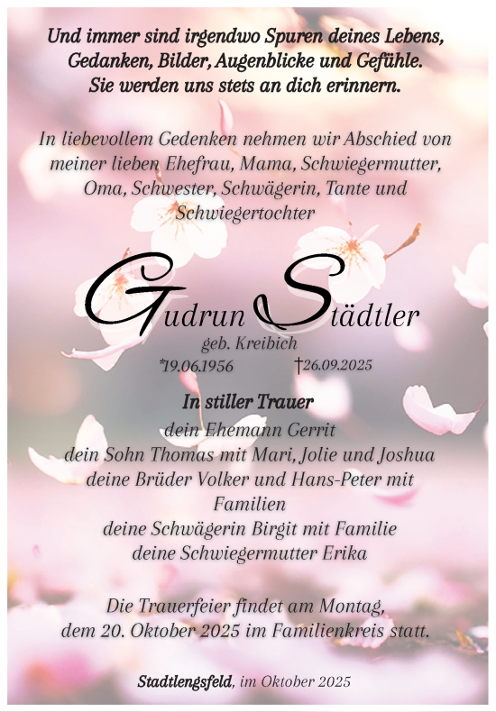 Traueranzeige von Gudrun Städtler von Südthüringer Presse