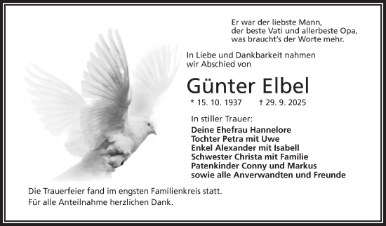 Traueranzeige von Günter Elbel von Frankenpost