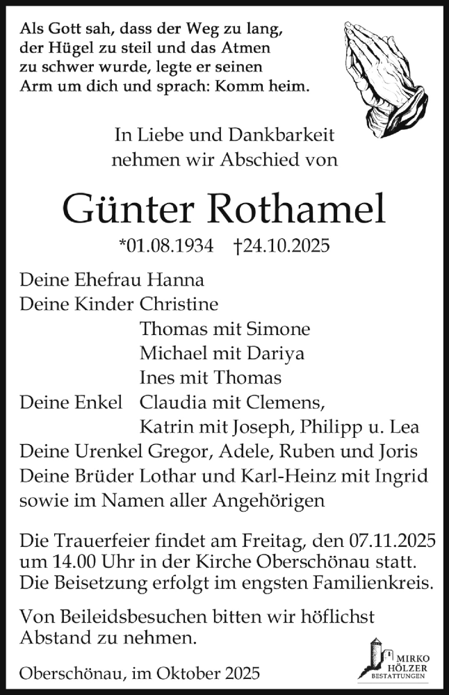  Traueranzeige für Günter Rothamel vom 01.11.2025 aus Südthüringer Presse