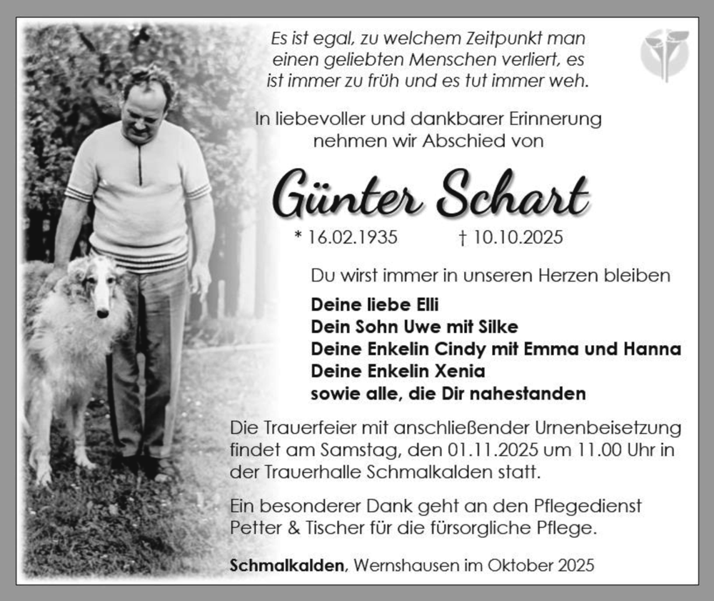  Traueranzeige für Günter Schart vom 25.10.2025 aus Südthüringer Presse