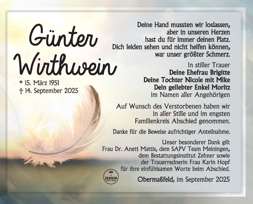  Traueranzeige für Günter Wirthwein vom 04.10.2025 aus Südthüringer Presse