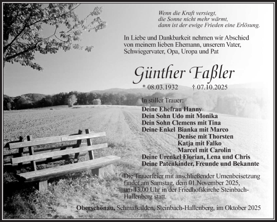 Traueranzeige von Günther Faßler von Südthüringer Presse