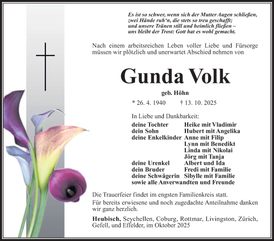 Traueranzeige von Gunda Volk von Südthüringer Presse