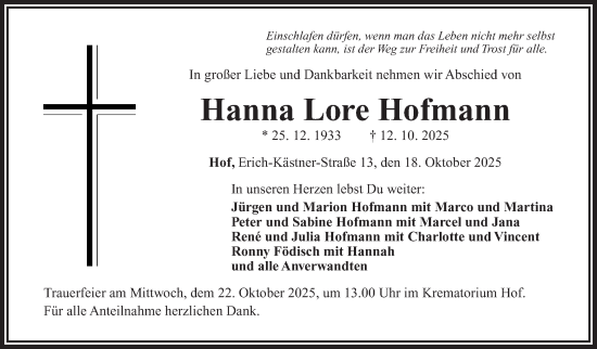 Traueranzeige von Hanna Lore Hofmann von Frankenpost