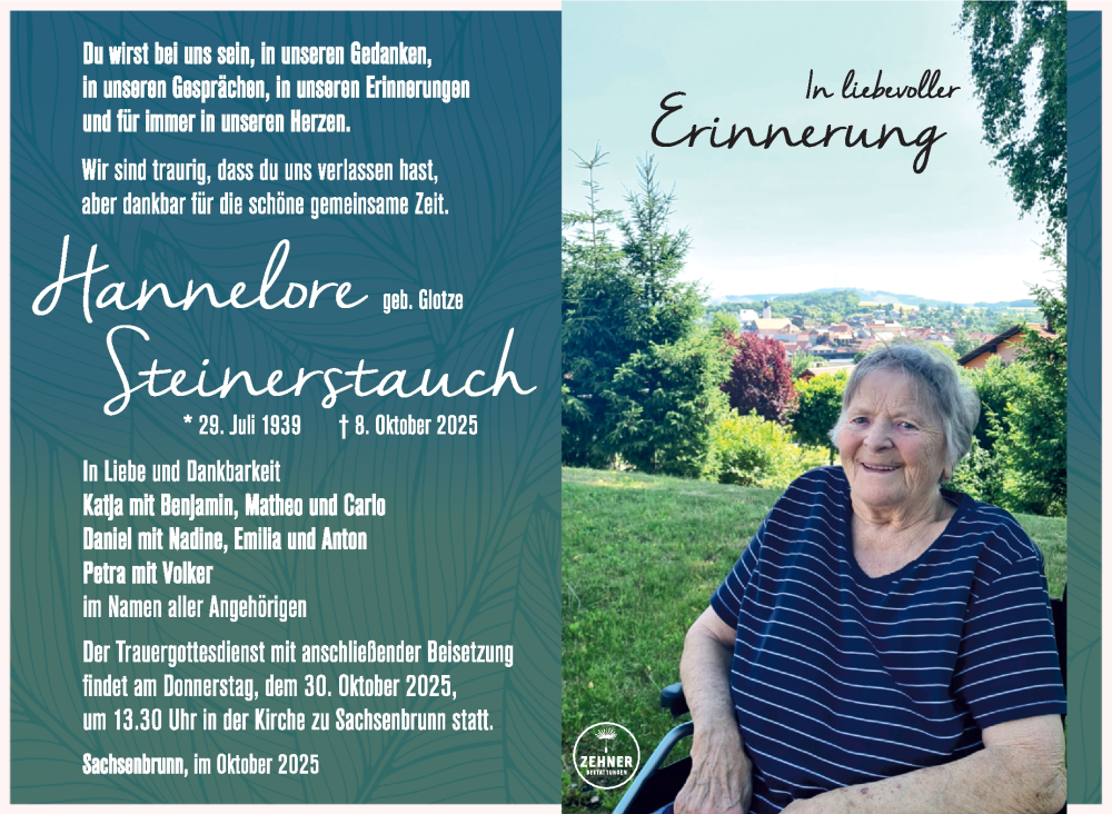  Traueranzeige für Hannelore Steinerstauch vom 25.10.2025 aus Südthüringer Presse